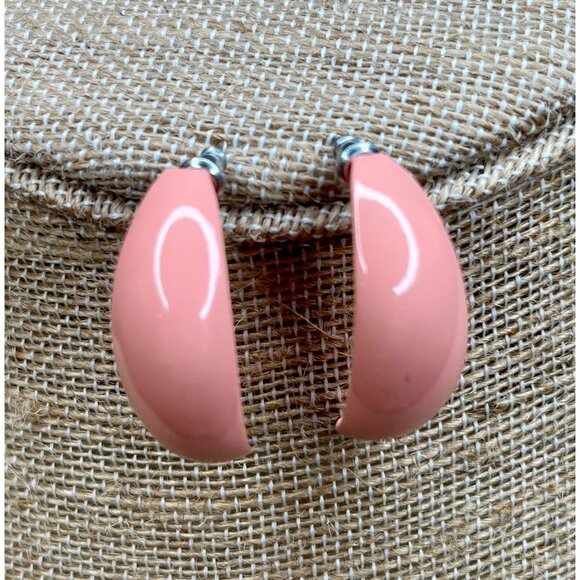 Vintage Pink Crescent Hoop Earrings Retro 1980s Style Lightweight Resin Silver-T - Picture 4 of 8